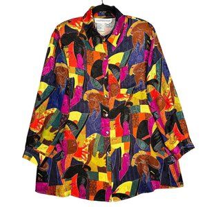 Galinda‎ Wang Silk Art To Wear Shirt Womens 14W Colorful Artsy Tunic 80's Bold